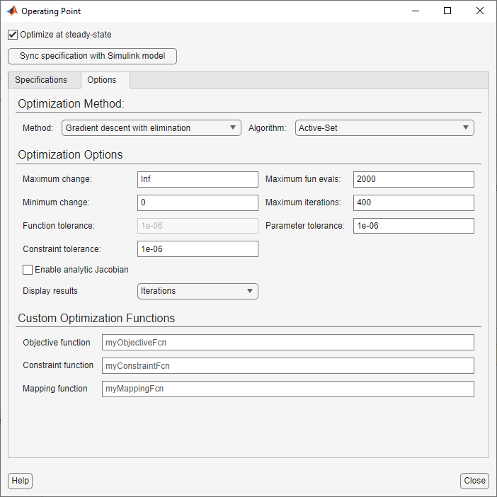 The Options tab in the Operating Point dialog box with Optimization Method, Optimization Options, and Custom Optimization Functions sections