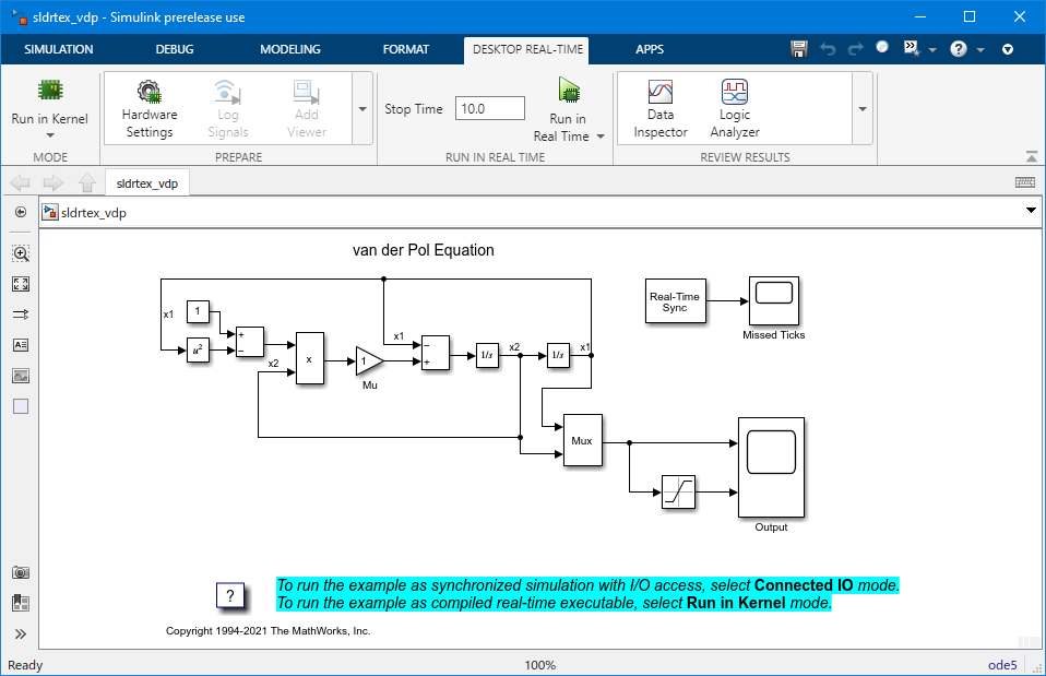 The Simulink Desktop Real-Time app configures the model for Simulink Real-Time.