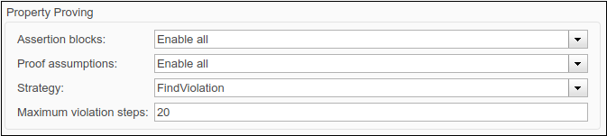 Configuration Parameter window showing Property Proving parameter under Design Verifier pane.