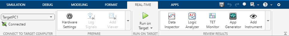 Use the Real-Time tab to perform tasks in the Simulink Real-Time workflow.