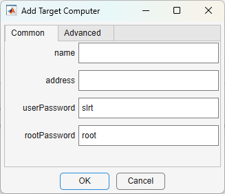 The target settings in the Add Target Computer dialog display the target computer definition common properties.