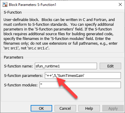 For an s-function block parameter, use a literal definition.