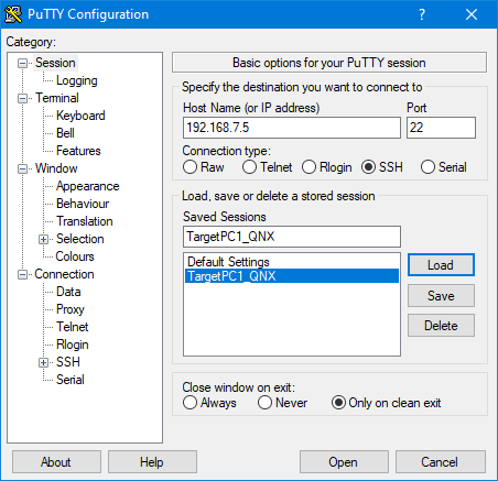 The PuTTY configuration lets you set up the connection to the target computer.