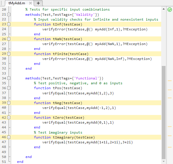 The tMyAdd test file lines 20-51 are shown, which includes the test methods block with the Validity tag and the test methods block with the Functional tag.