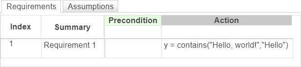 This image shows a requirement that outputs whether the string "Hello, world" contains the substring "Hello".