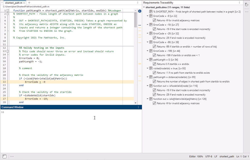A looping GIF shows the mouse double-clicking an item that has the link destination icon and the link opens in the Requirements Editor.