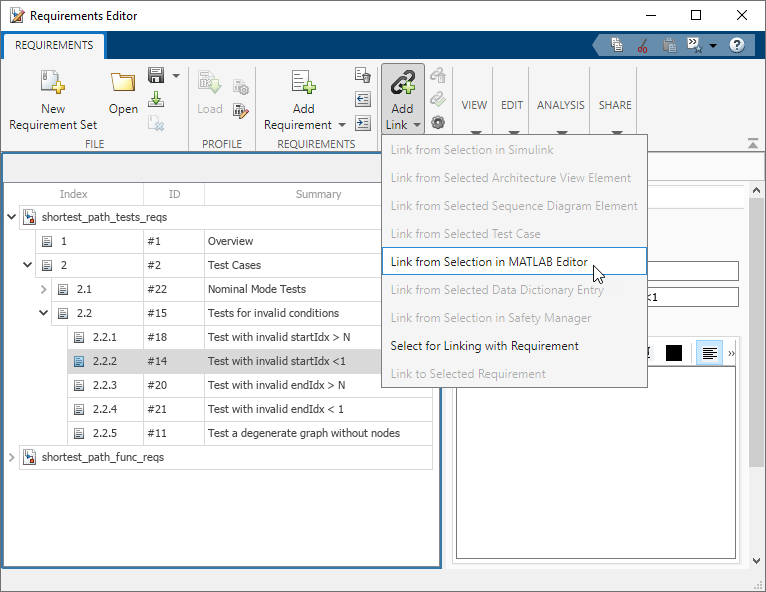 The Link from Selection in MATLAB Editor menu item is selected for a requirement.