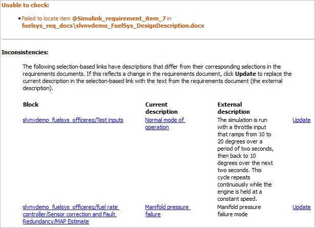 Warning with list of links with requirement descriptions that do not match requirements document descriptions