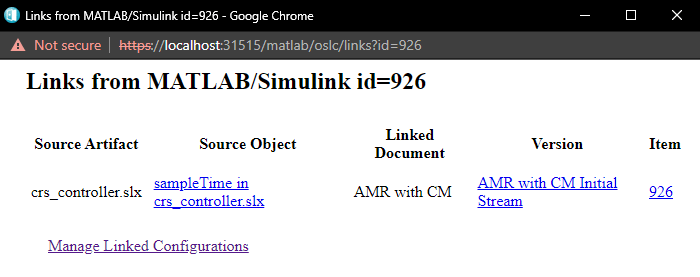The system browser window shows the linked items from IBM DOORS Next to MATLAB and Simulink.