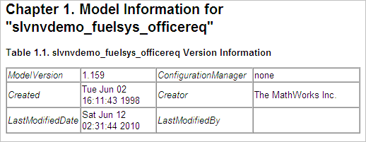 Model information chapter from the requirements report. The table shows the original model was created in 1998 and last modified in 2010.