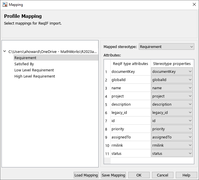 Mapping dialog box, displaying the profile mapping for a ReqIF requirement type called Requirement.