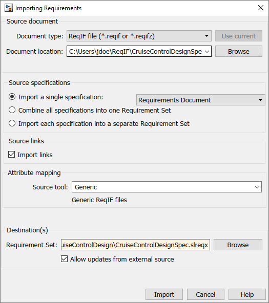 The Importing Requirements dialog is shown with Import links selected.