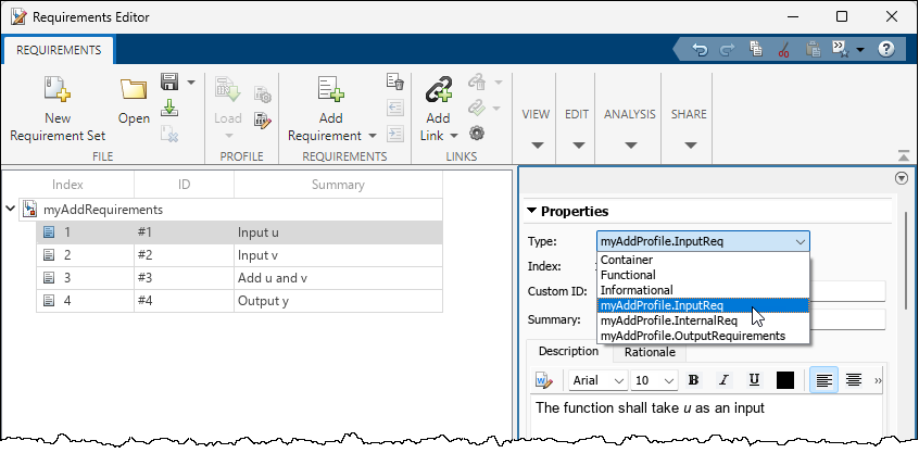 The Requirements Editor shows the stereotypes for a selected requirement in the Type menu.