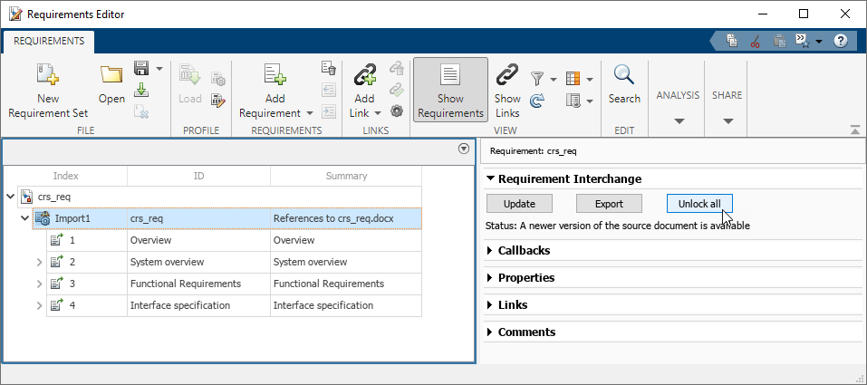 The import node is selected in the Requirements Editor. The mouse points to the Unlock all button in the right pane, under Requirement Interchange.