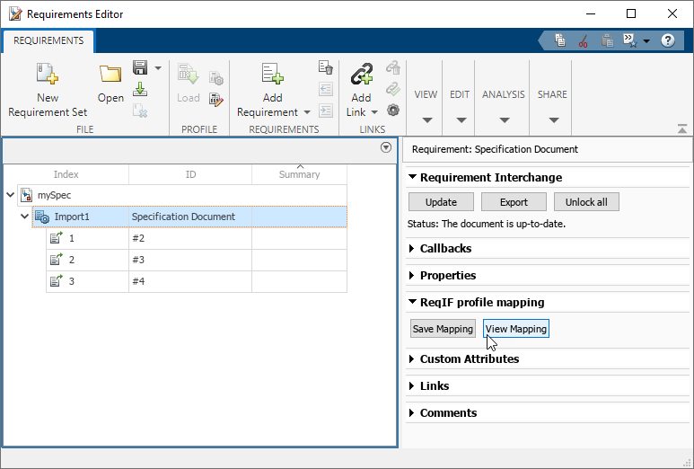 Requirements Editor with mouse pointing to the View Mapping button in the right pane.