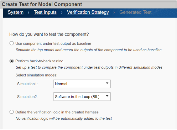 Verification strategy, third page of wizard, with perform back to back testing selected with the simulations set to Normal and software in the loop