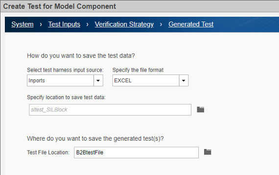 Wizard section showing options to specify file format and location to save test data.