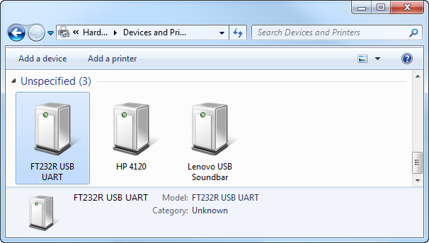 Devices and Printers window showing the connected USB devices
