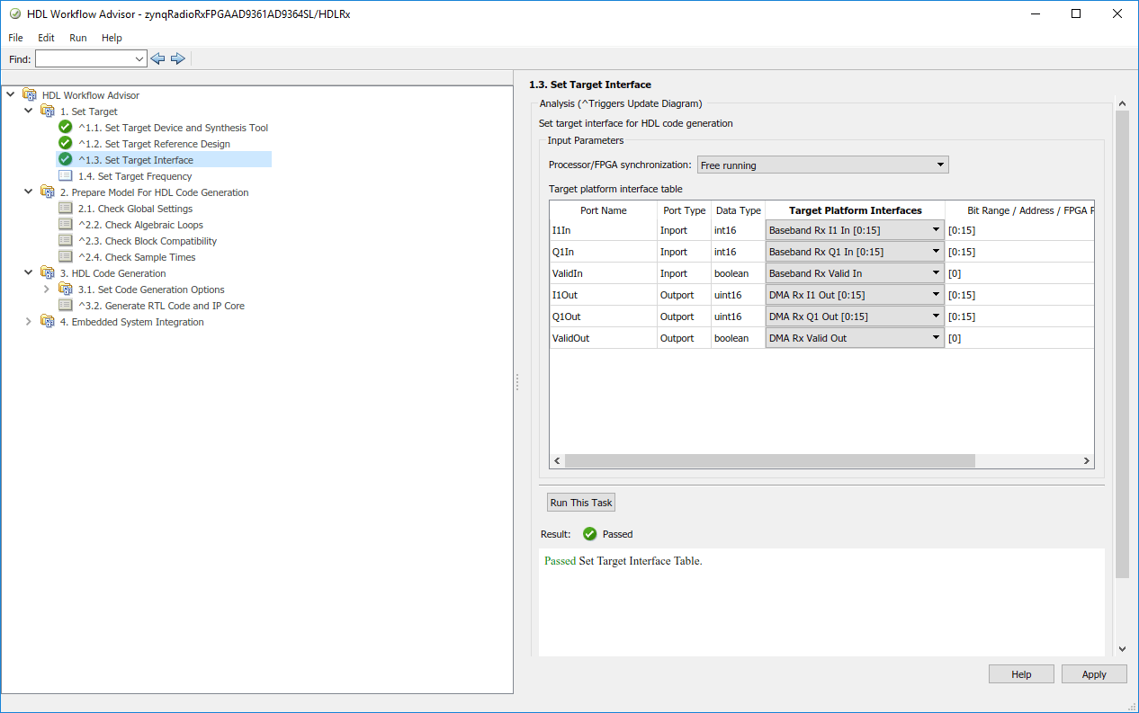 HDL workflow advisor window with set target interface selected