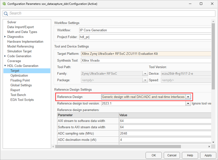 Configuration Parameters dialog box open on the HDL Code Generation > Target tab, with the Reference Design parameter highlighted in the right pane.