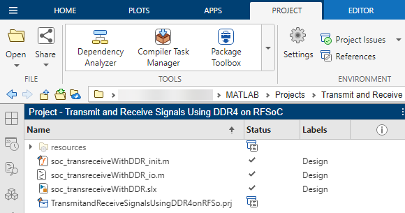 Transmit and Receive Signals Using DDR4 on RFSoC project containing the soc_tansreceiveWithDDR.slx, soc_transreceiveWithDDR_init.m, and soc_transreceiveWithDDR_io.m files
