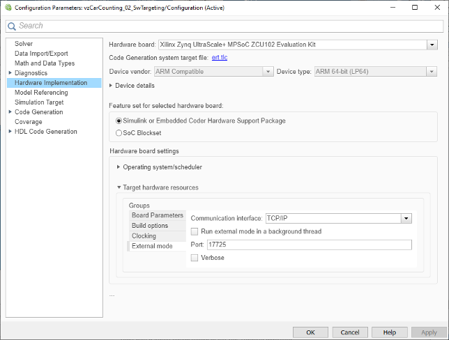 Configuration Parameters dialog box, showing the Hardware Implementation pane