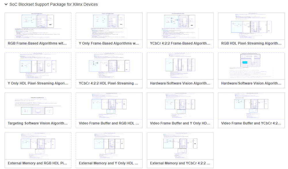 SoC Blockset Support Package for Xilinx Devices template choices on the Simulink start page.