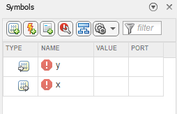 The symbols pane with unresolved symbols.
