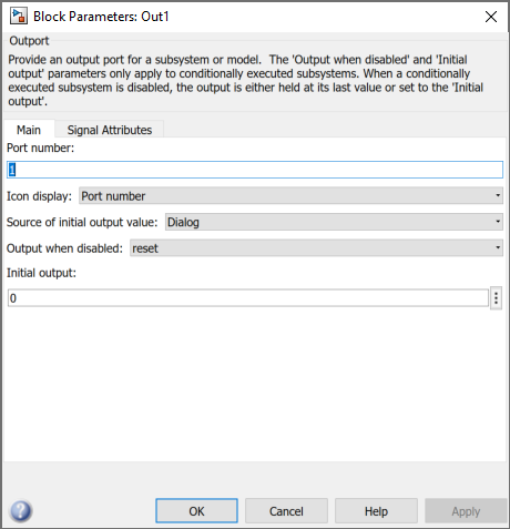 Block Parameters dialog box for Outport block.