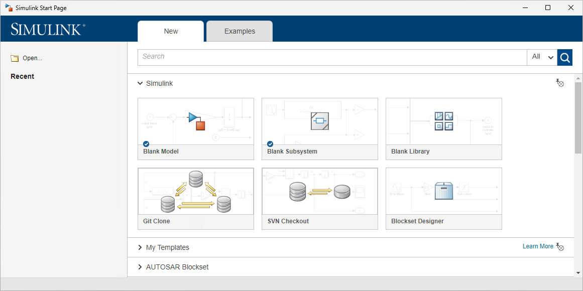 The Simulink Start Page.