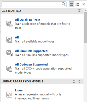 Details view of the regression models in the Models gallery