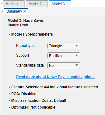 Summary tab with updated naive Bayes hyperparameters