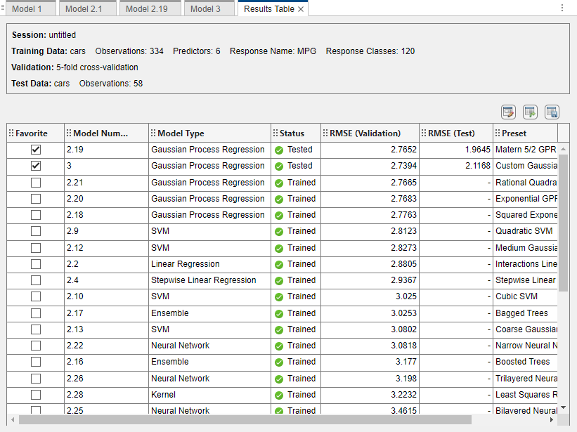 Results table showing the validation RMSE and test RMSE of the two starred models