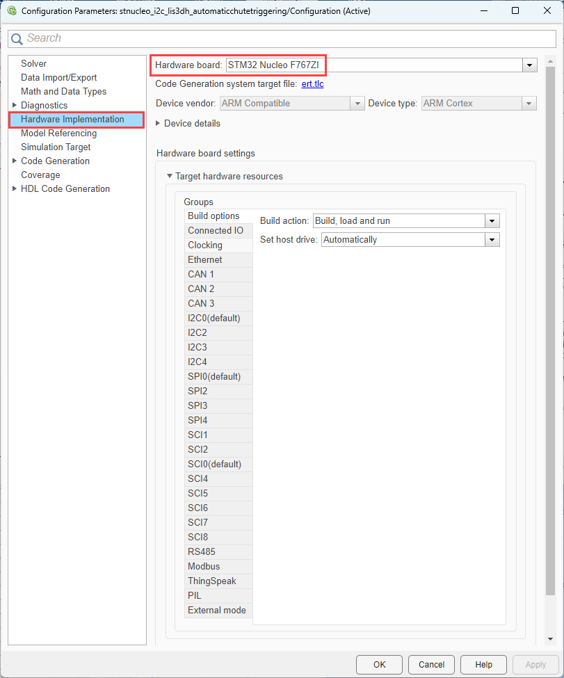 Model configuration parameters for selecting PWM resource on Nucleo board