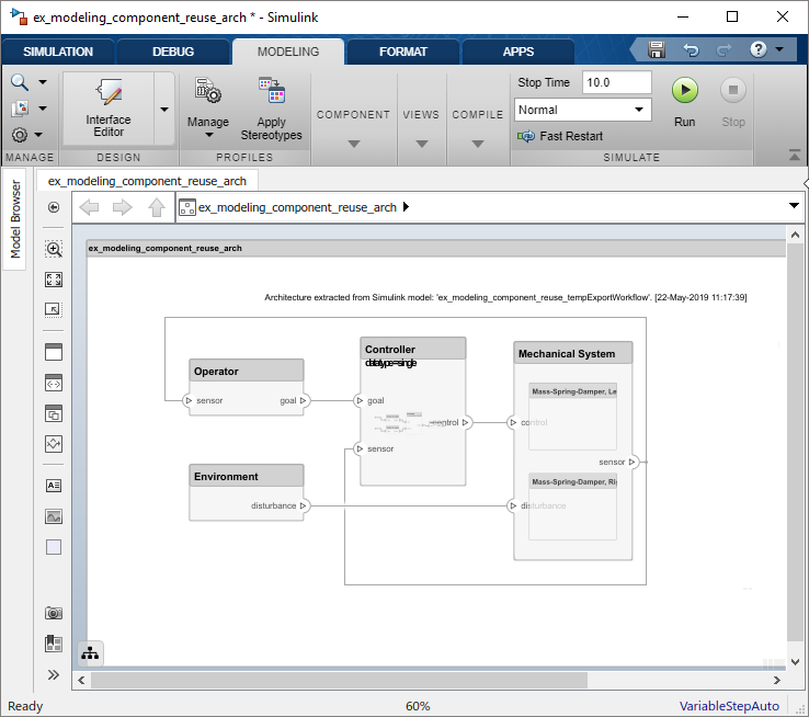 Exported model in a system composer window displayed as an architecture model.