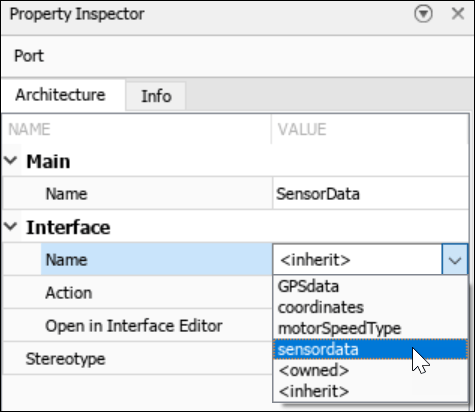The Property Inspector is open. The sensor data interface is selected in the Interface list.