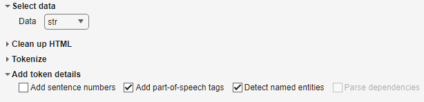 "Data" option with "str" selected, and "Add part-of-speech" and "Detect named entities" check boxes selected