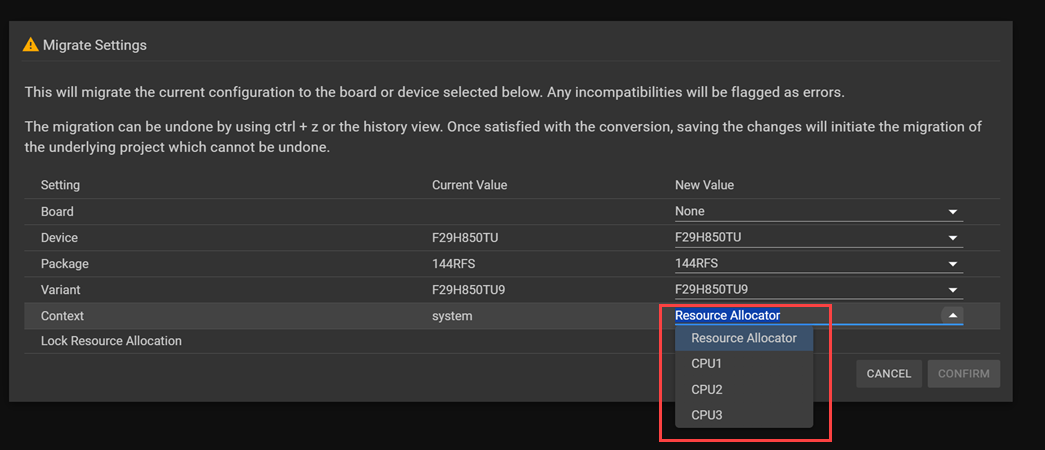 Migrate Settings page showing Context dropdown with CPU1, CPU2, and CPU3 options