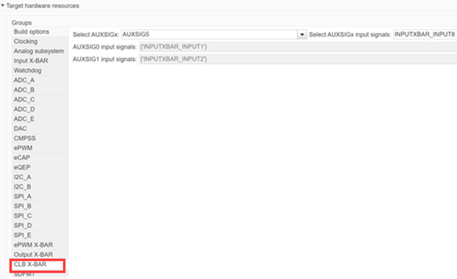 CLB XBAR configuration in Simulink showing AUXSIG signal selection and available peripheral inputs