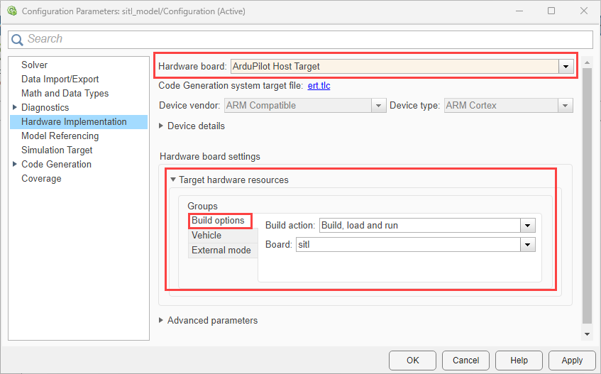 Ardupilot host target configuration