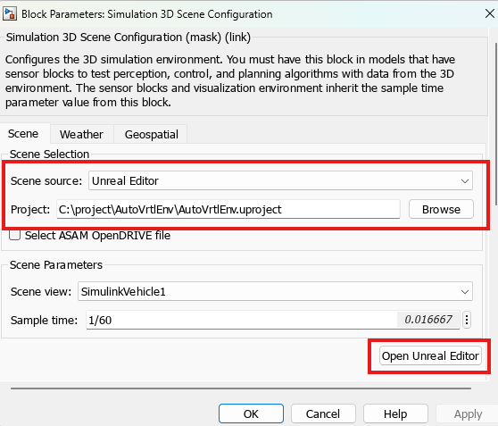 Simulation 3D Scene Configuration block mask with the Scene source and Project parameters populated, and the Open Unreal Editor button highlighted.