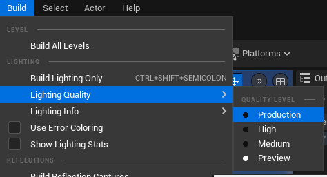 Unreal Editor lighting quality options, with Production highlighted.