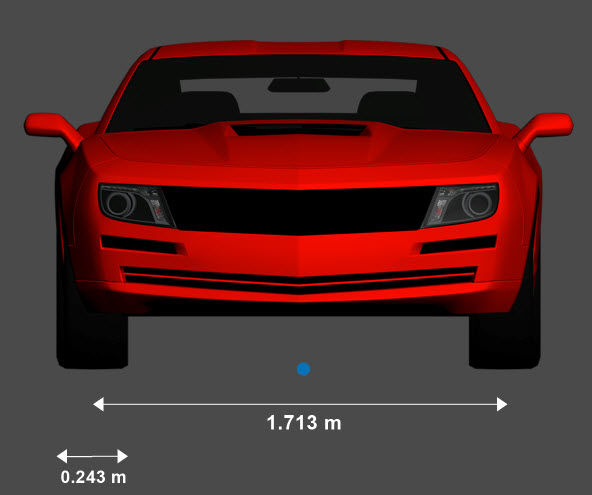 Front view of muscle car with the origin marked in blue beneath its center and its front tire width and front axle dimensions shown. The front tire width is 1.713 meters. The front axle width is 0.243 meters.