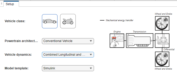 Virtual vehicle composer setup page with the powertrain architecture set to conventional vehicle, vehicle dynamics set to combined longitudinal and lateral dynamics, and model template set to Simulink.