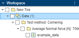 Selected tire data object in the workspace tree.