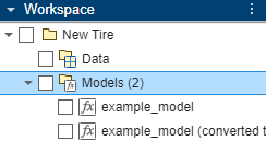 Original tire model selected in the Tire Manager app workspace tree.