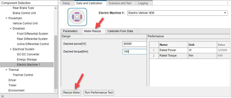 View of the virtual vehicle composer app with the electric machine selected in virtual vehicle pane on the left and the data and calibration tab selected in pane on the right.