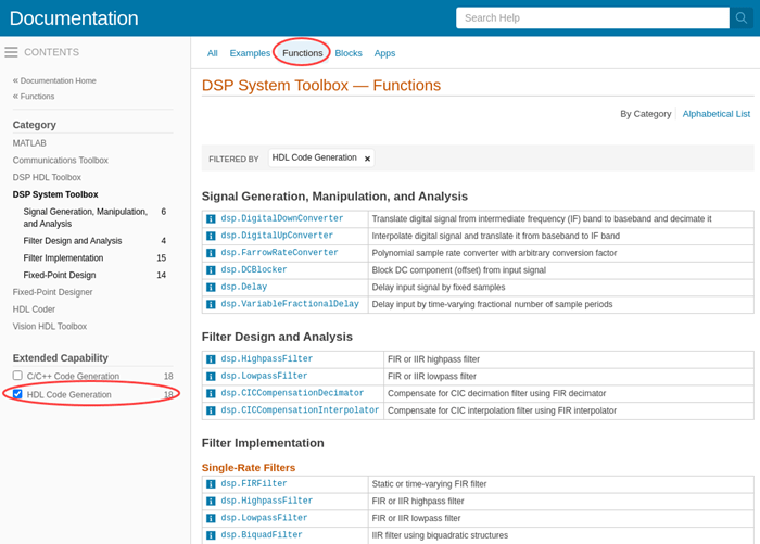 Filtered function list for DSP System Toolbox, with System objects that support HDL code generation selected