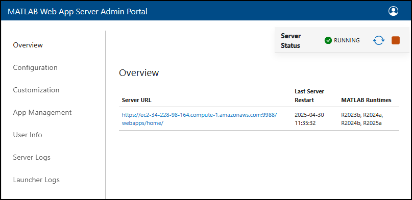 The admin portal overview page that displays the server URL, the time of the last server restart, and MATLAB Runtime versions installed on the server.