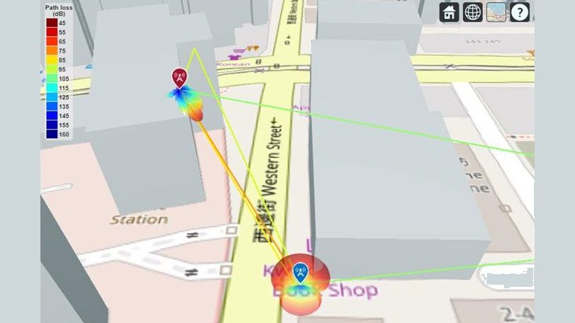 Trajet direct et trajet réfléchi à un saut de l'émission d'une station de base vers un UE, obtenus par analyse du tracé de rayons.